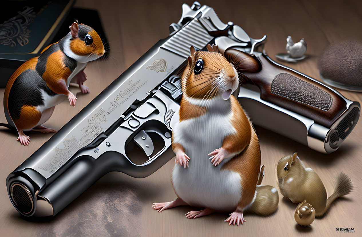 Guinea pigs beside detailed silver and black handgun on wood surface