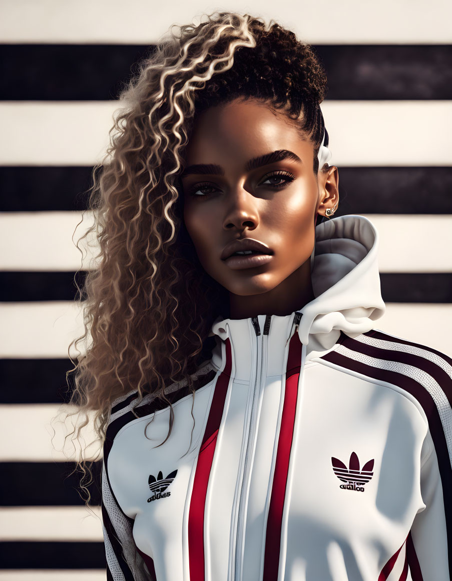 Half-curly, half-straight hair in white Adidas tracksuit on striped background