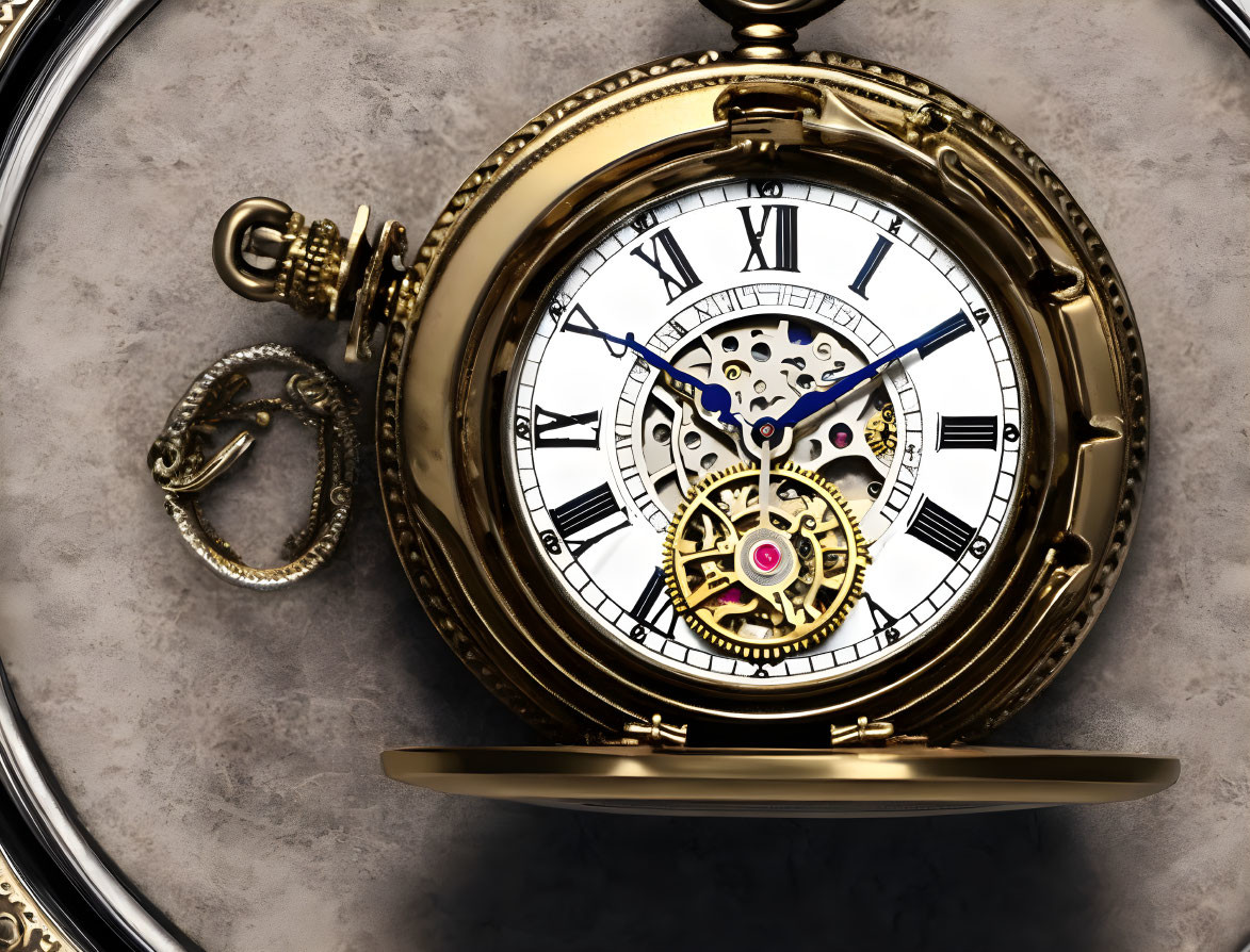 Detailed Close-Up: Ornate Golden Pocket Watch with Roman Numerals and Gears on Gray Background