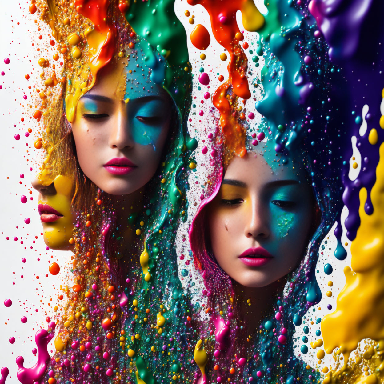 Vibrant liquid splashes merge around two faces in colorful artwork