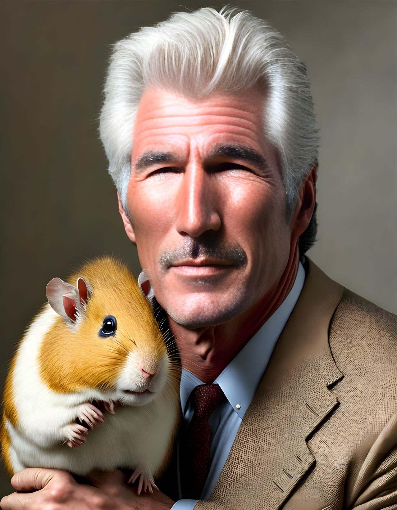 Elderly man with silver hair and mustache holding tricolor guinea pig