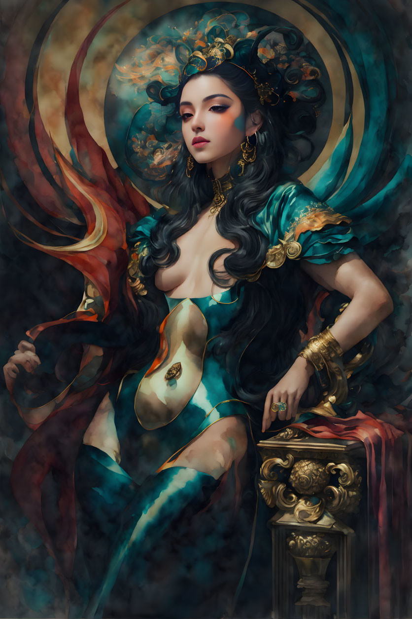 Regal figure in teal and gold attire with ornate headpiece and flowing hair amid ethereal swirl