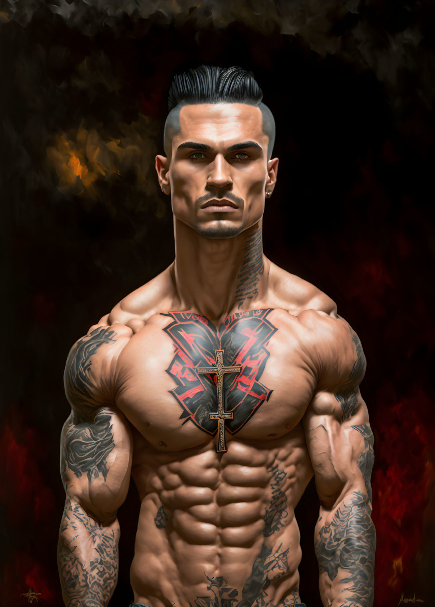 Muscular man with tattoos and mohawk in intense pose against fiery backdrop