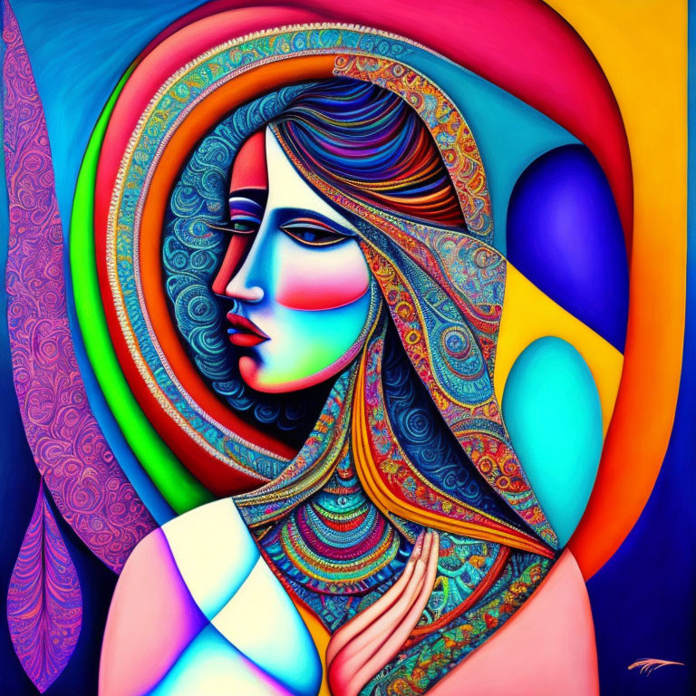 Colorful abstract painting of woman with patterned headscarf & bold contrast