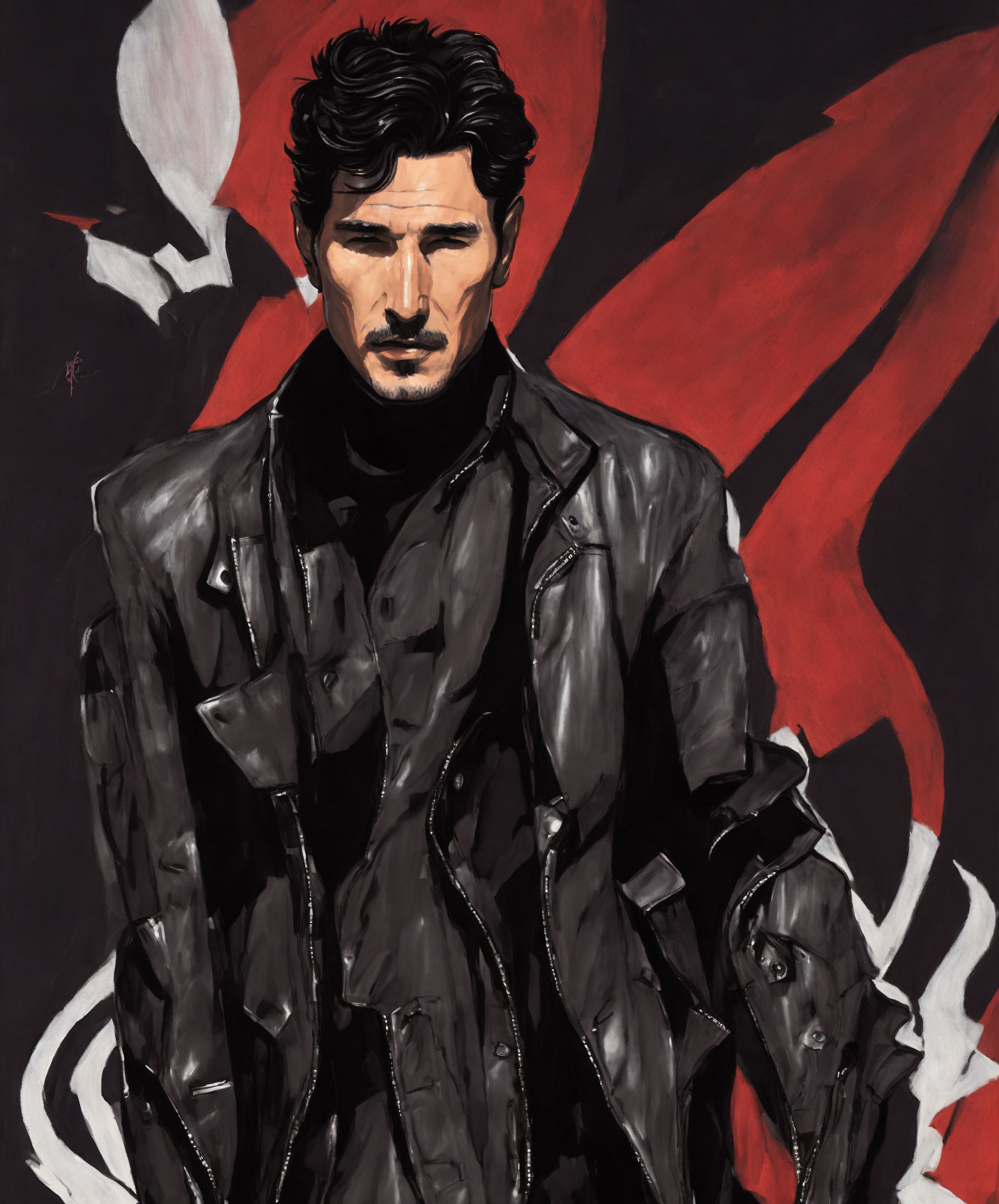 Stylized portrait of man in leather jacket against red and black background