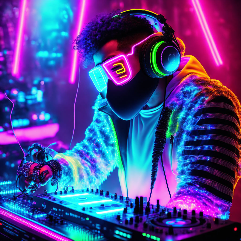 DJ mixes tracks with glowing glasses and headphones in neon lights