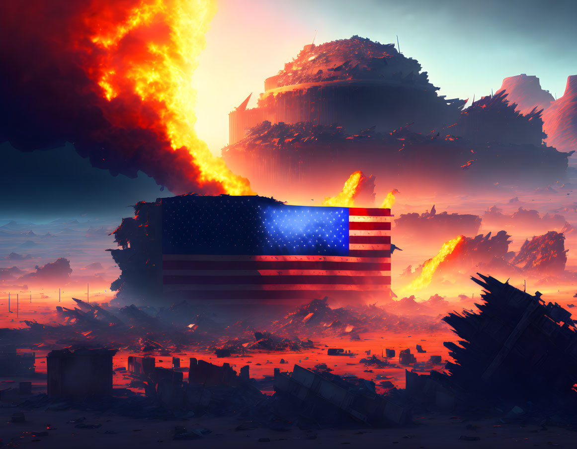 Dystopian American flag on burning building in fiery scene