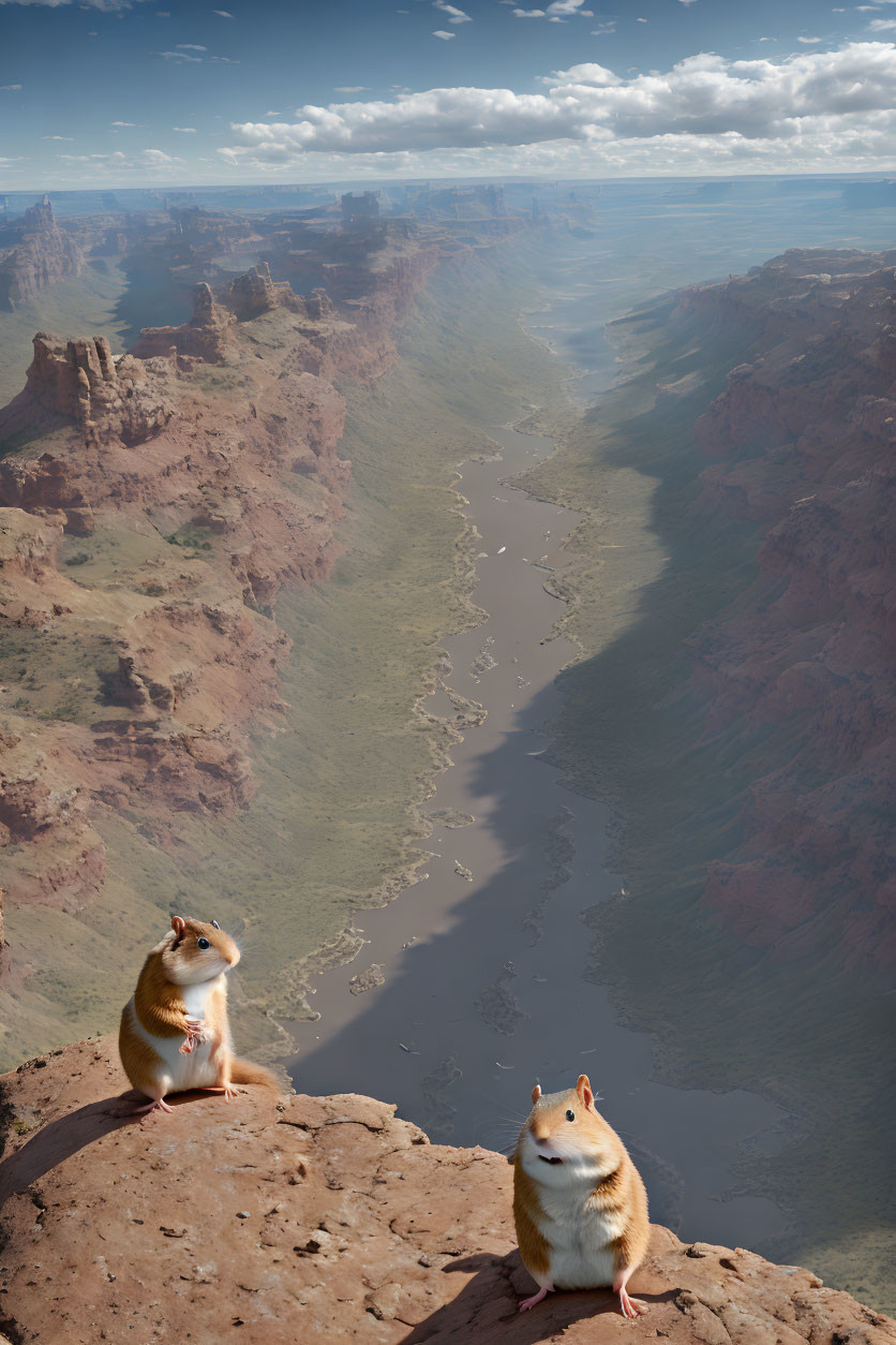 Chipmunks on rocky ledge overlooking vast canyon with river under cloudy sky