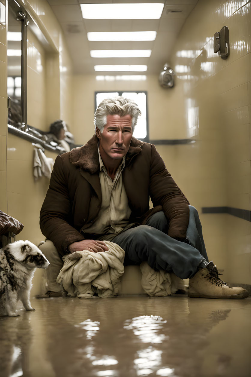 White-haired man in brown jacket sits with dog in yellow-tiled corridor