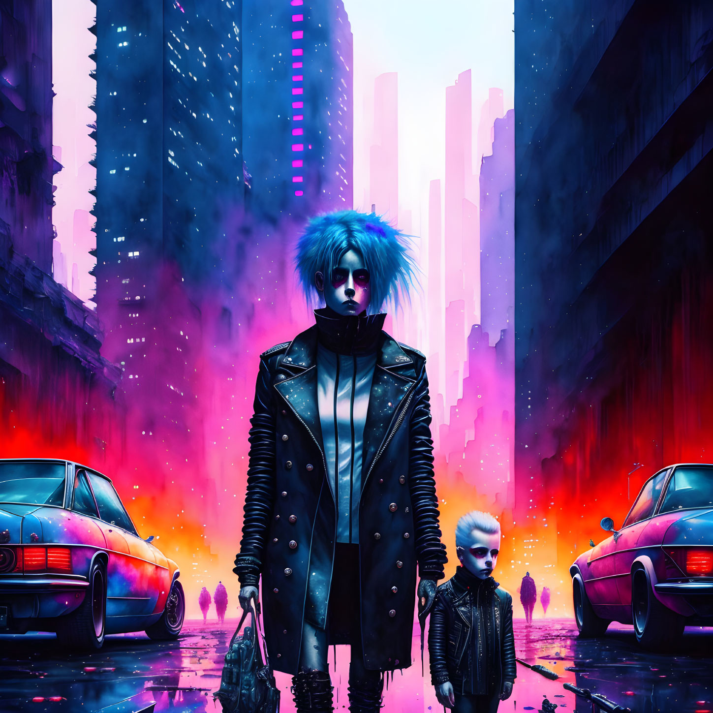 Spiked hair person and child in punk attire in neon cyberpunk cityscape