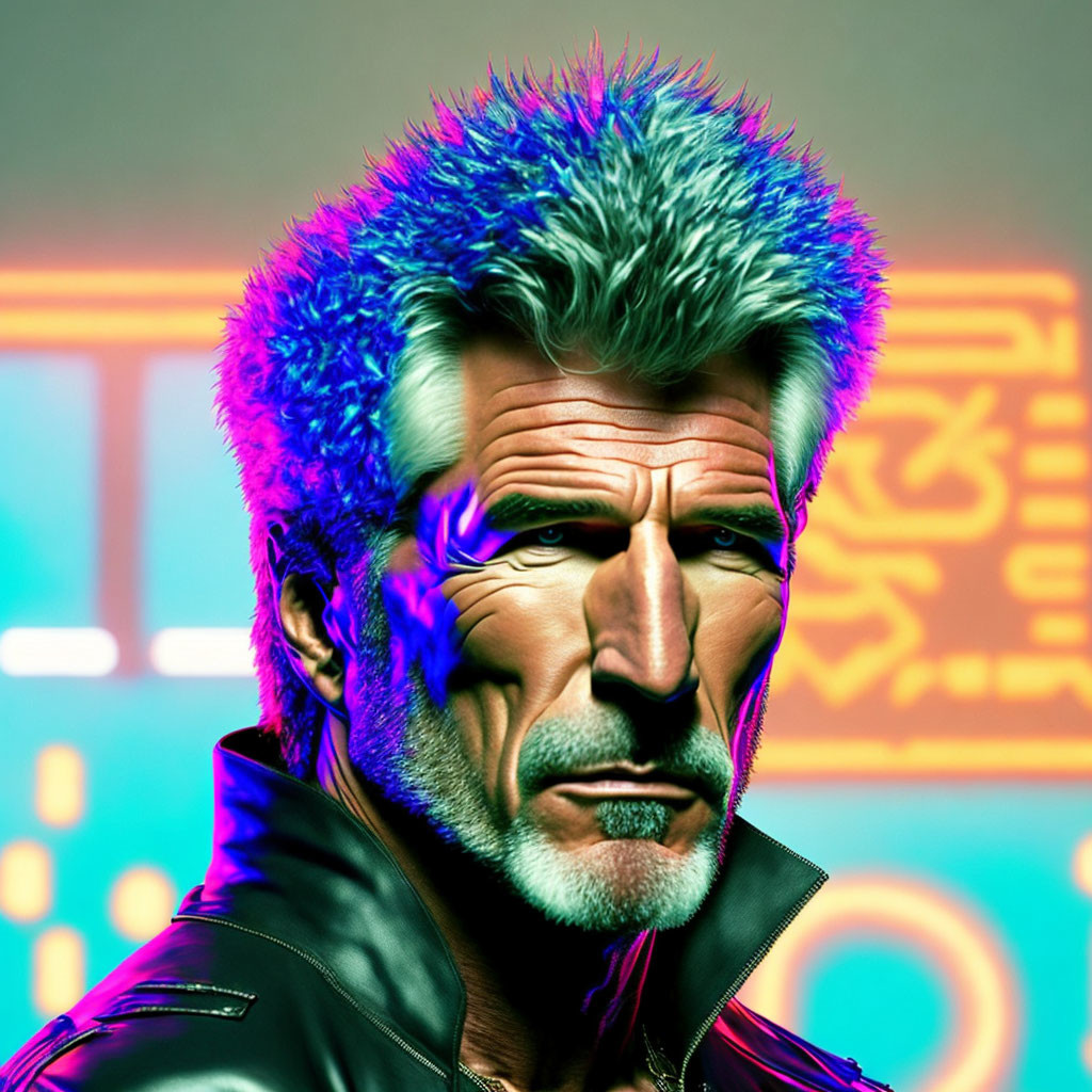 Colorful cyberpunk portrait of a man with spiky blue hair and beard.