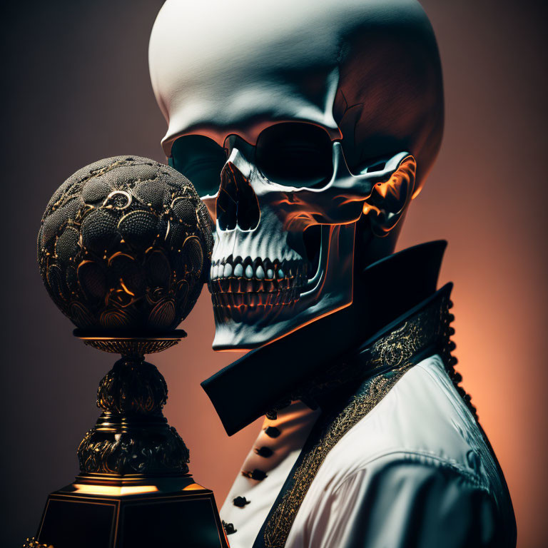 Skull-headed figure in formal attire with textured sphere on pedestal