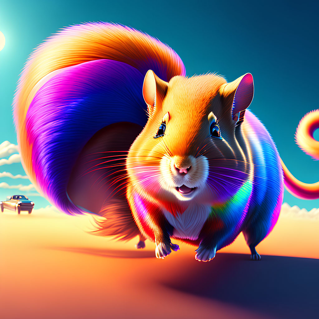 Colorful surreal illustration: Exaggerated squirrel in desert sunset