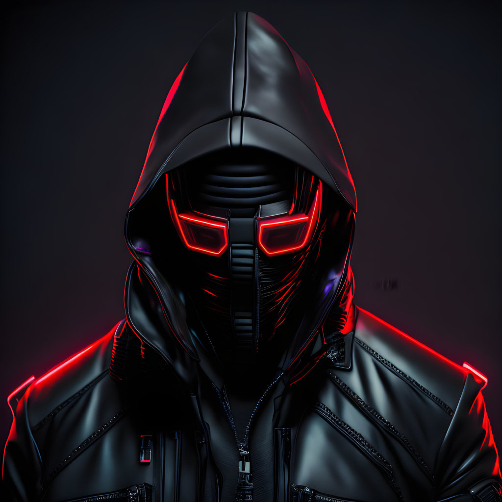 Person in Black Helmet with Glowing Red Eyes and Accents on Dark Background