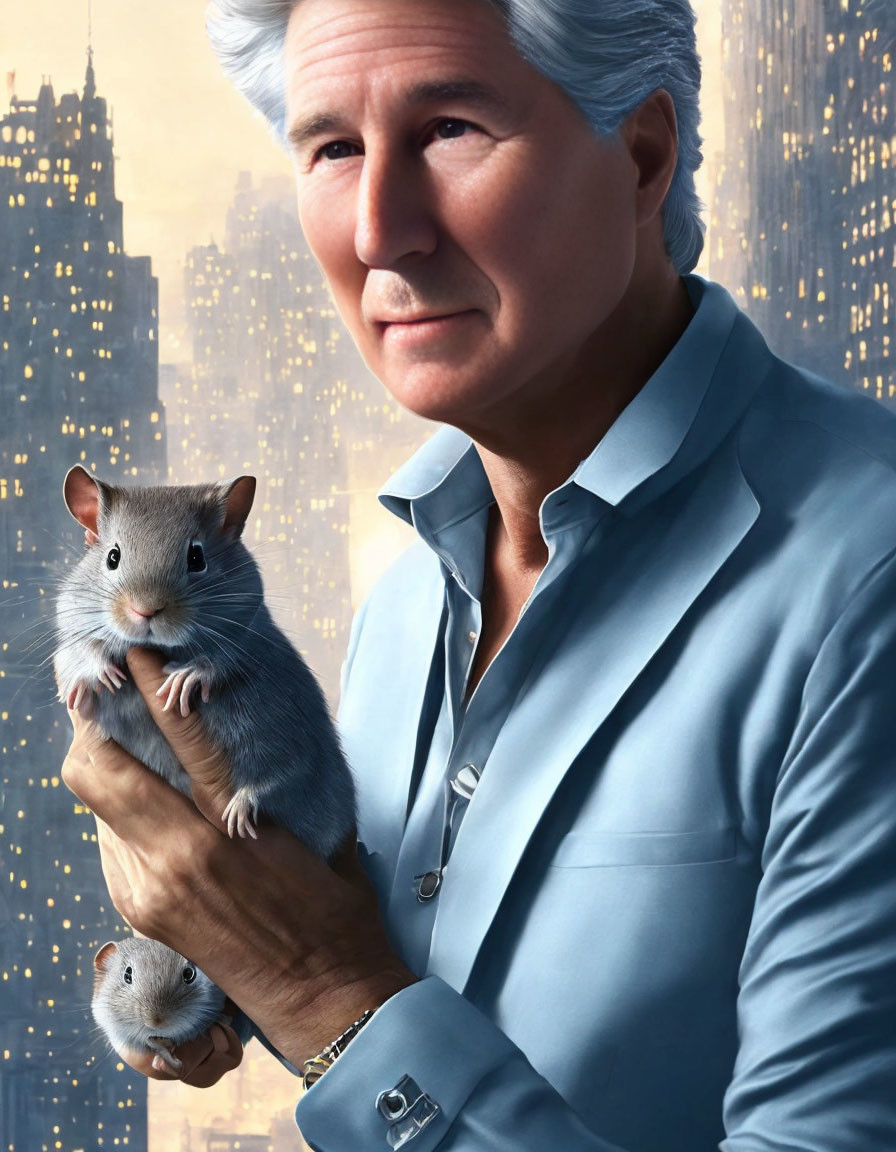 Digital artwork: Older man with hamsters against city skyline