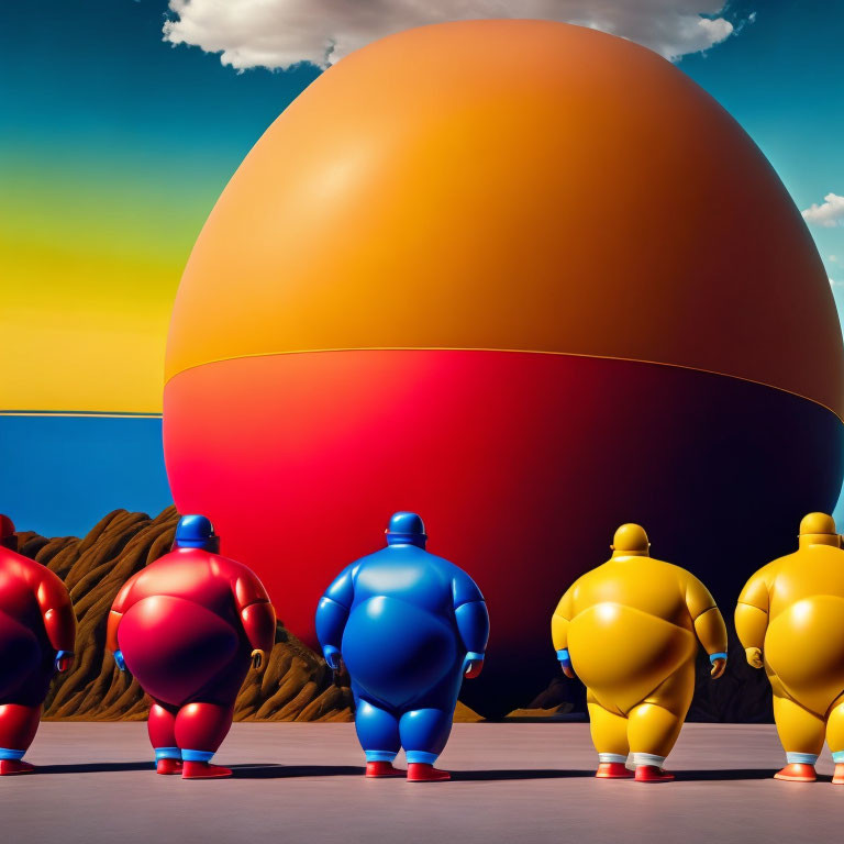 Colorful humanoid figures near giant egg-shaped object under cloudy sky