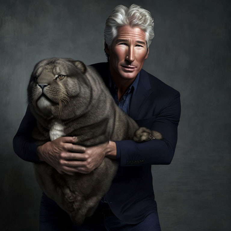 Silver-Haired Man in Blue Suit Embraces Large Cat with Human-Like Face