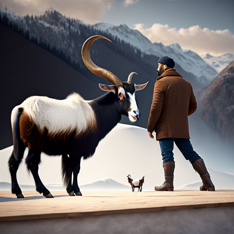 Man in winter attire meets mountain goat on snowy platform