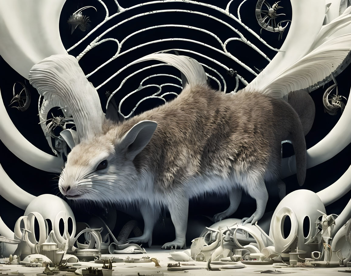 Surreal image: Large rabbit, bone-like structures, swirling patterns on dark background