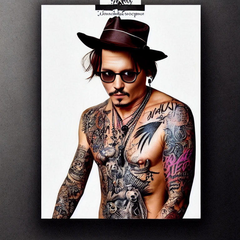 Person with Goatee, Hat, Sunglasses, and Tattoos on Chest and Arms poses on White