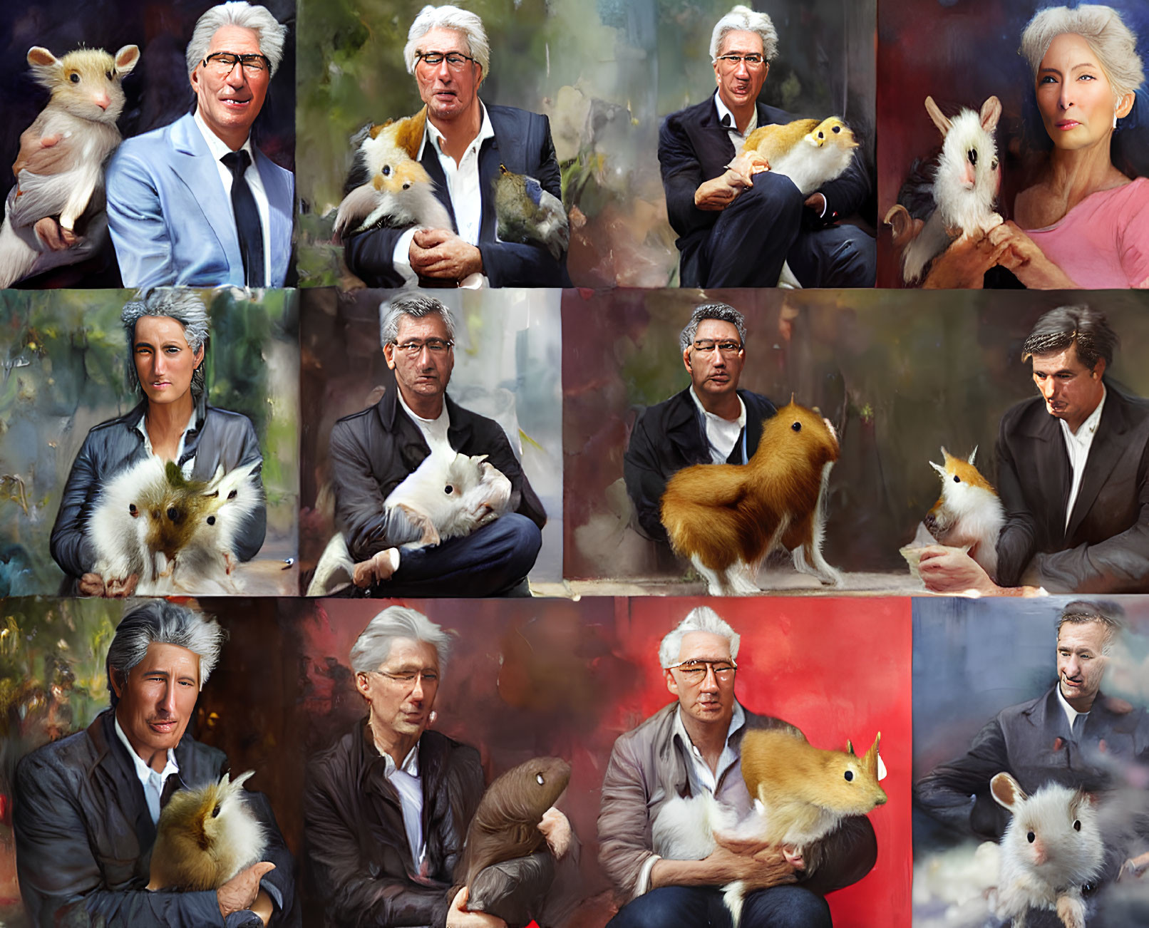 Twelve portraits featuring individuals with animals of various sizes and abstract backgrounds