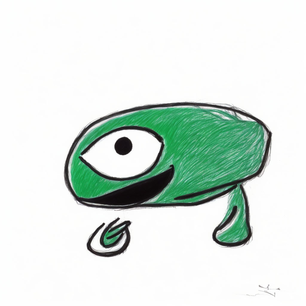 Cartoon-style drawing of green creature with large eye and black mouth