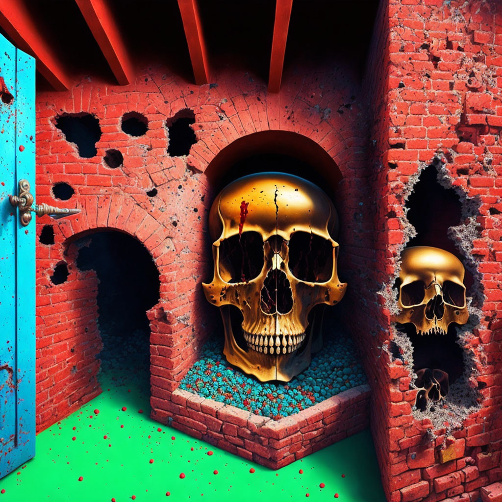 Surreal golden skulls in dilapidated room with blue door and bullet holes