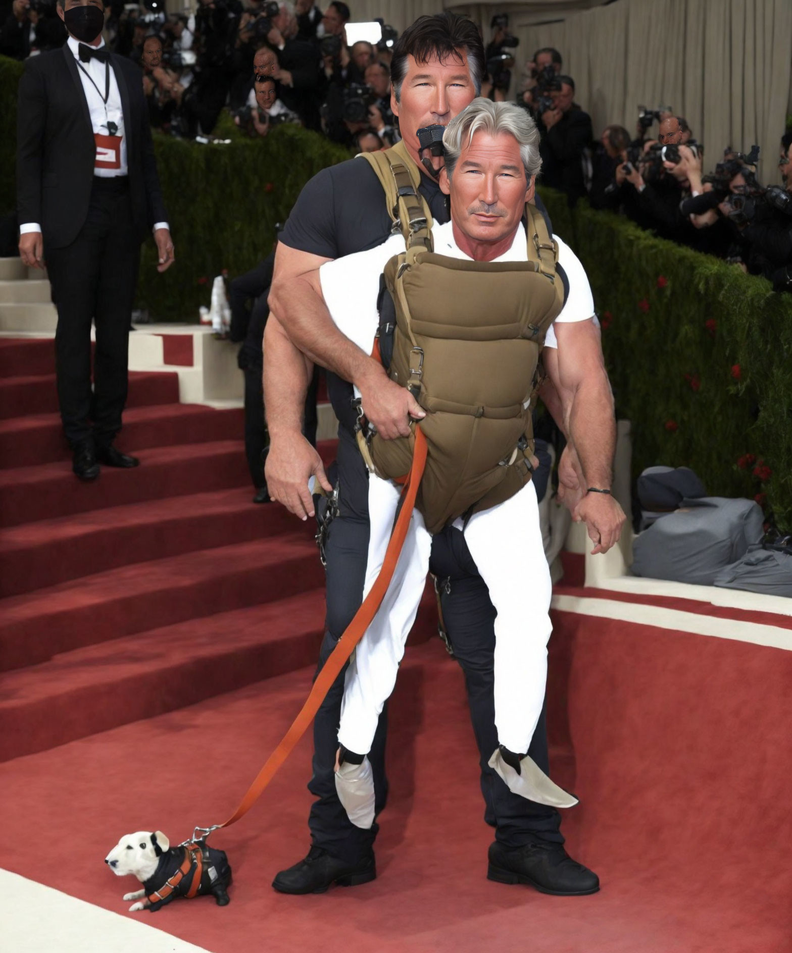 Two men with dog in tandem baby carrier on red-carpeted stairs