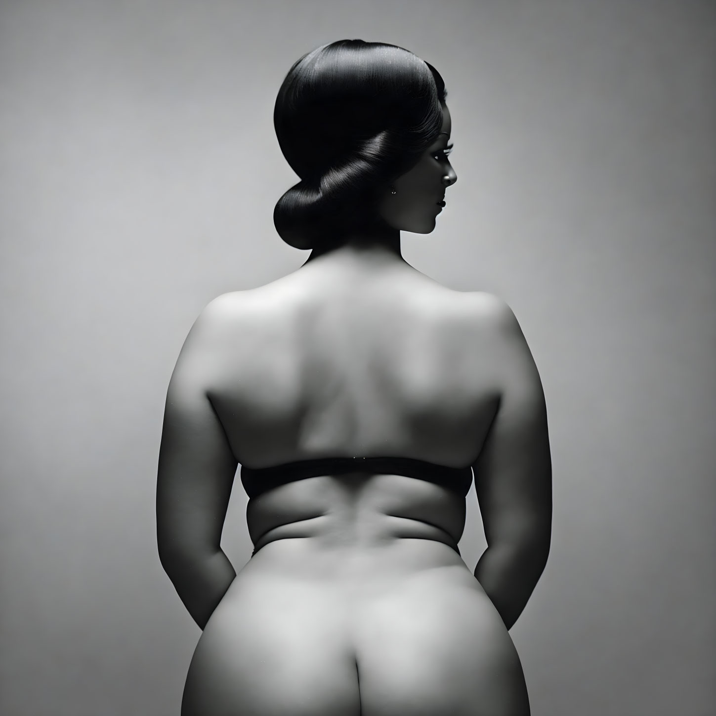 Monochrome image of woman with elegant updo and bare back