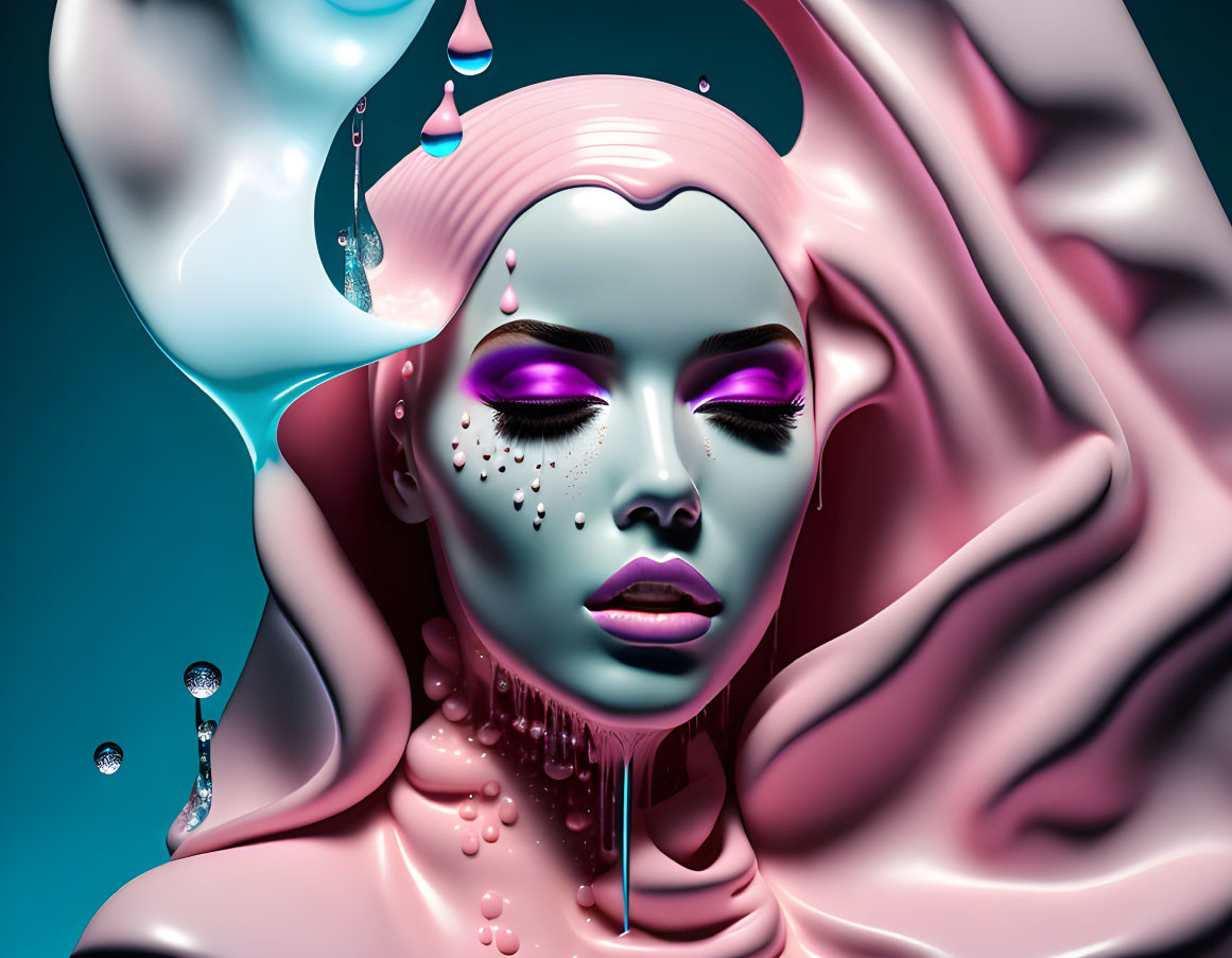 Surreal artwork featuring female figure with turquoise skin and flowing material.