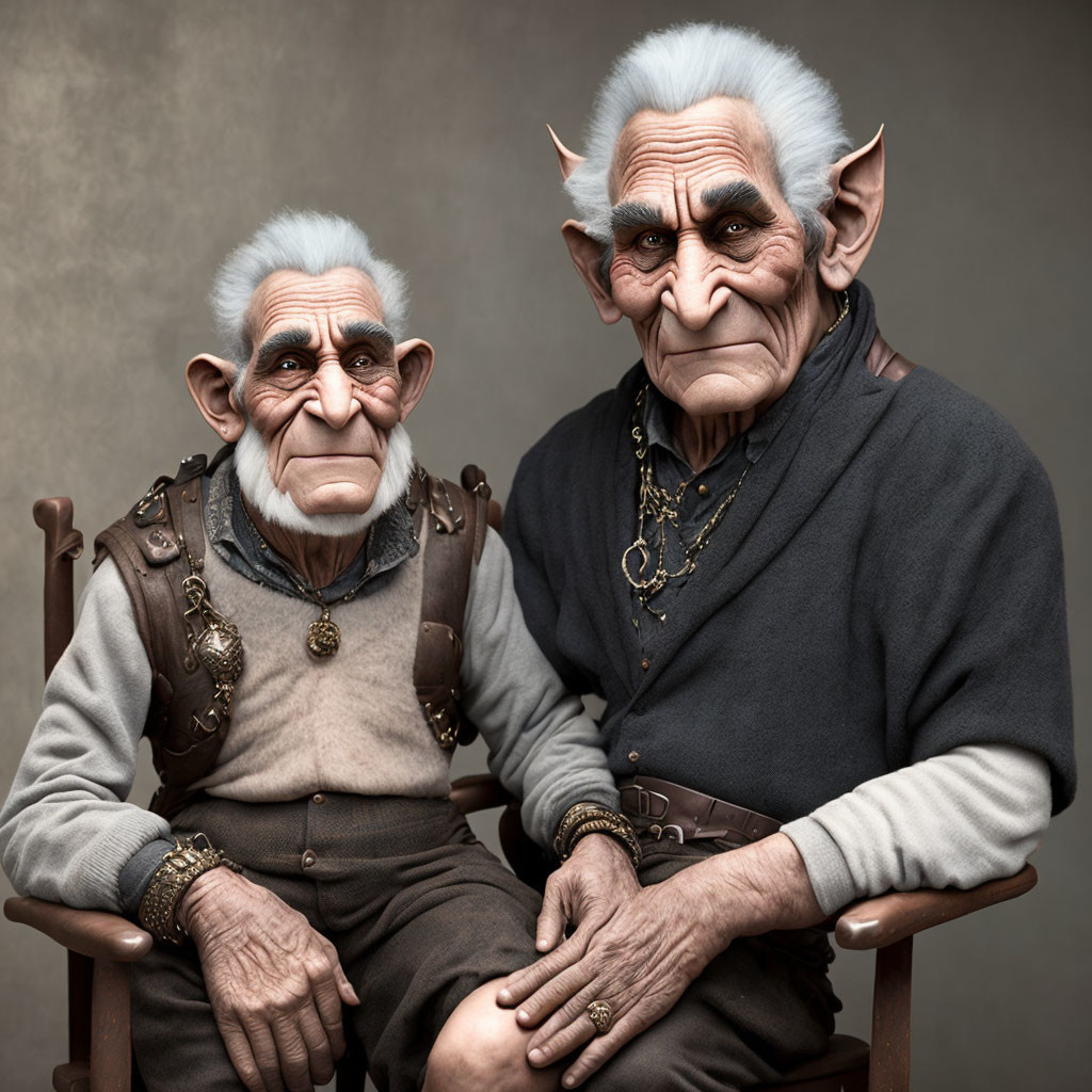 Two elderly male animated characters with pointed ears in old-fashioned attire sitting together.