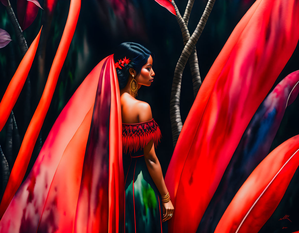 Digital artwork of woman with black hair, red flowers, golden jewelry, red dress, surreal red foliage