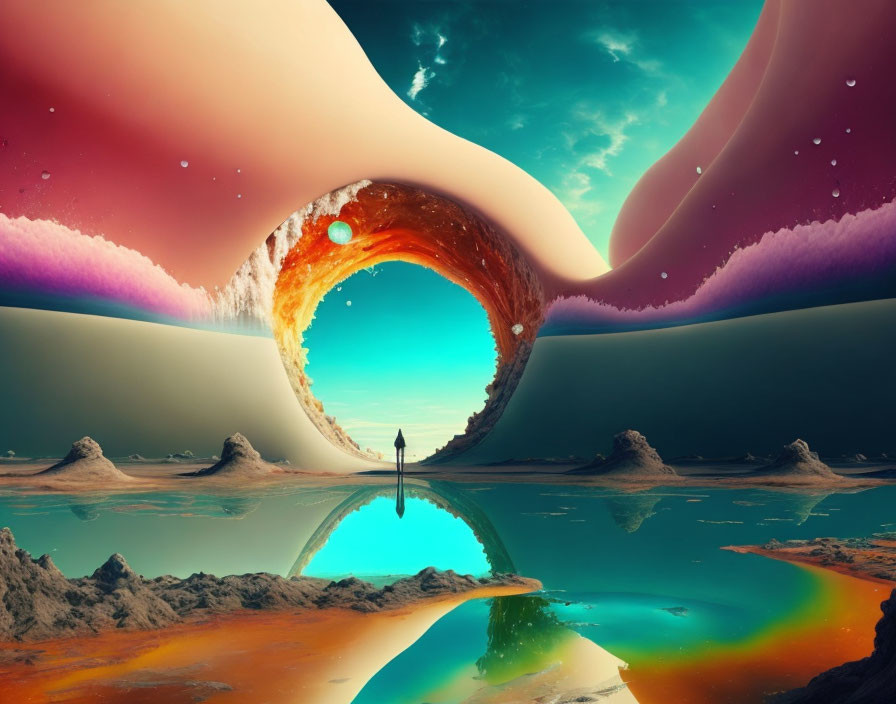 Vibrant surreal sky over dreamlike landscape with reflective water