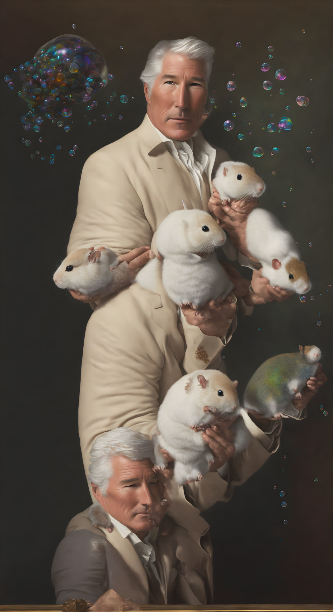 Digitally manipulated image of man with silver hair in tan suit with oversized rodents and soap bubbles.