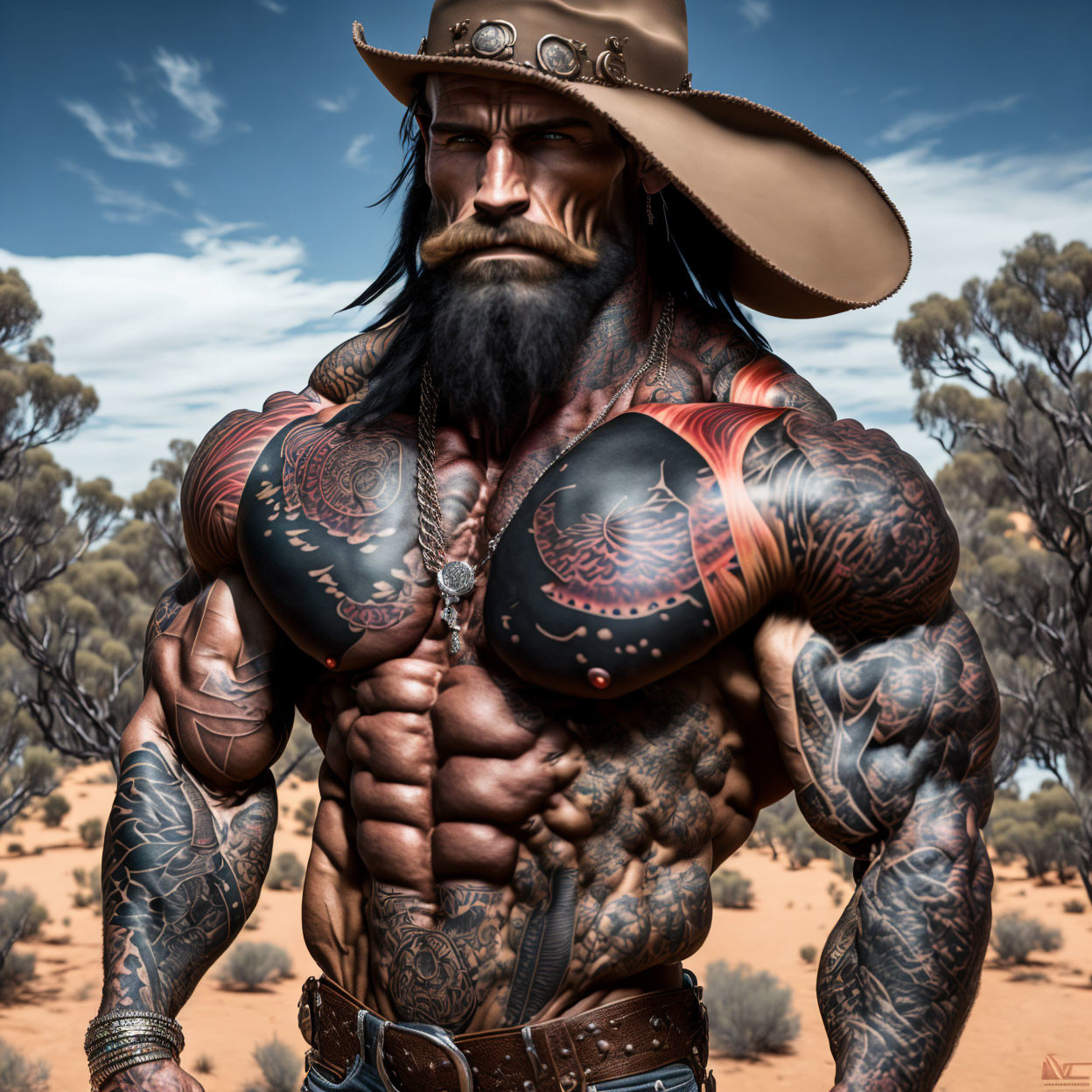 Muscular man with beard and cowboy hat displaying arm tattoos in desert setting