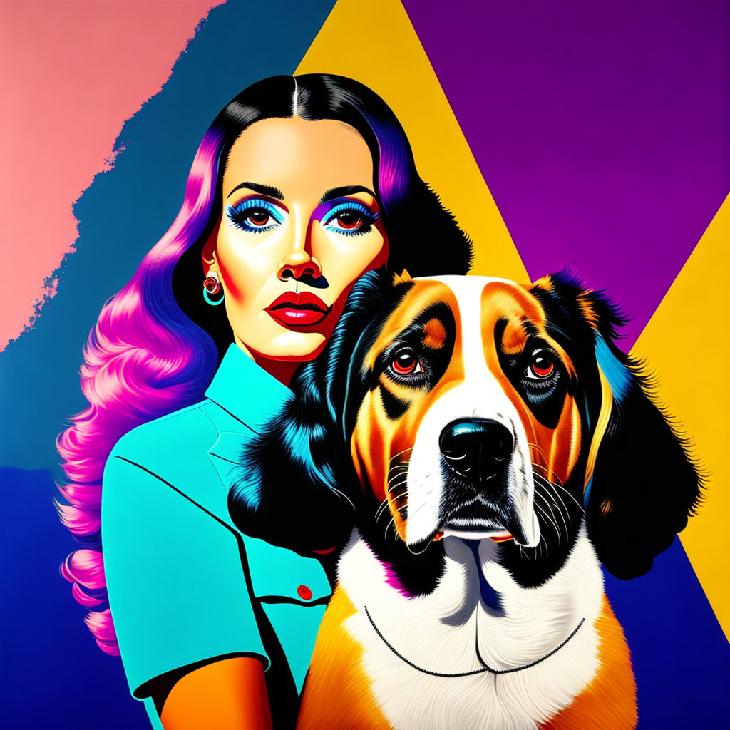 Colorful pop art illustration of woman with makeup, Beagle, and geometric background