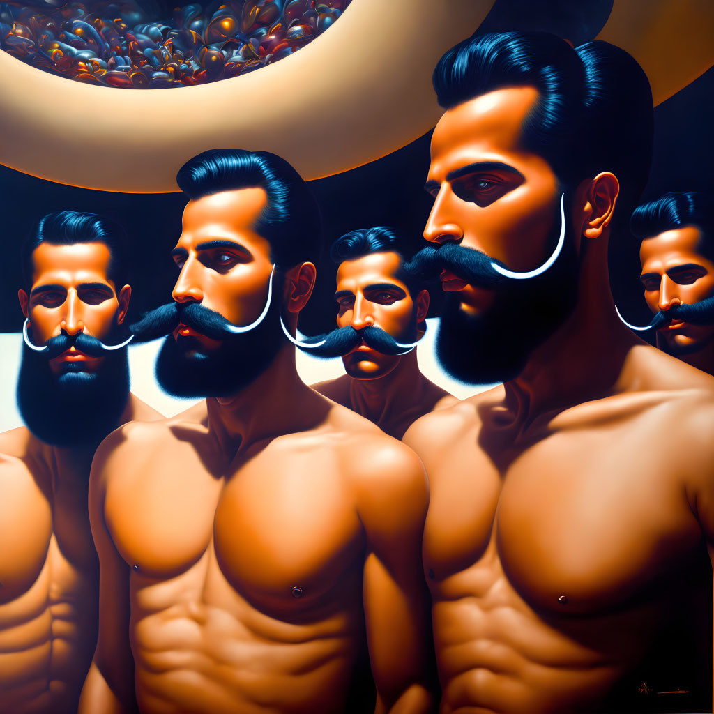 Repetitive bearded men with stylized mustaches on dark background