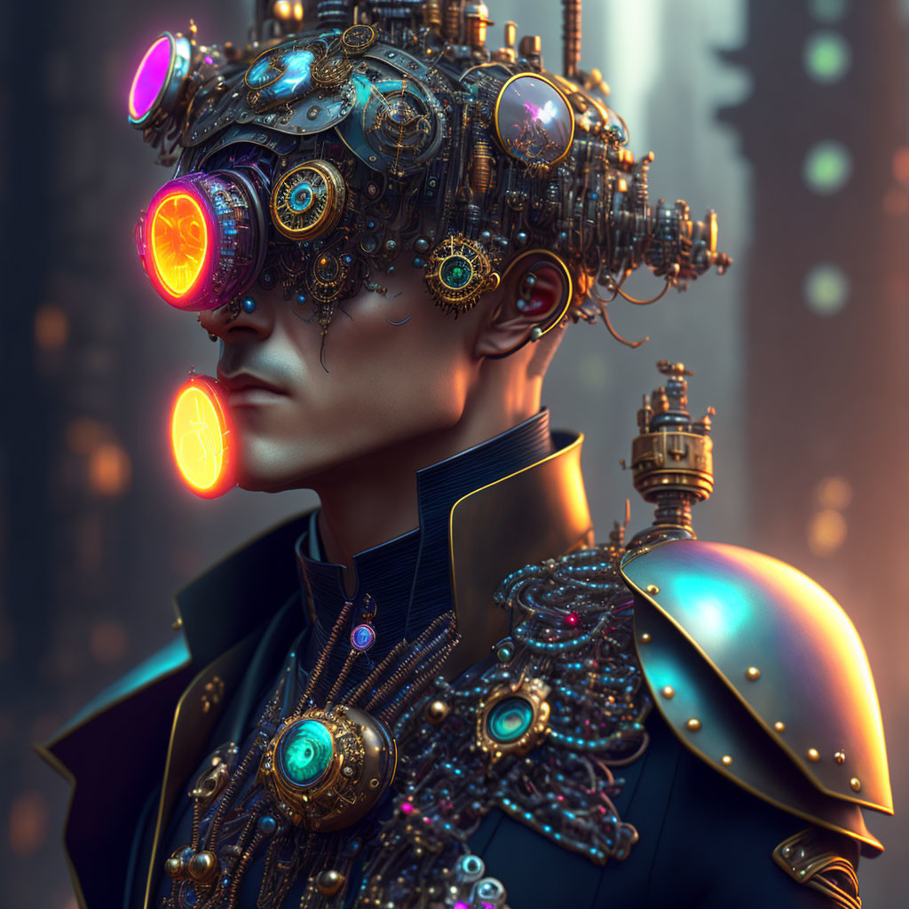 Detailed Steampunk Headgear with Gears, Pipes, and Glowing Lenses