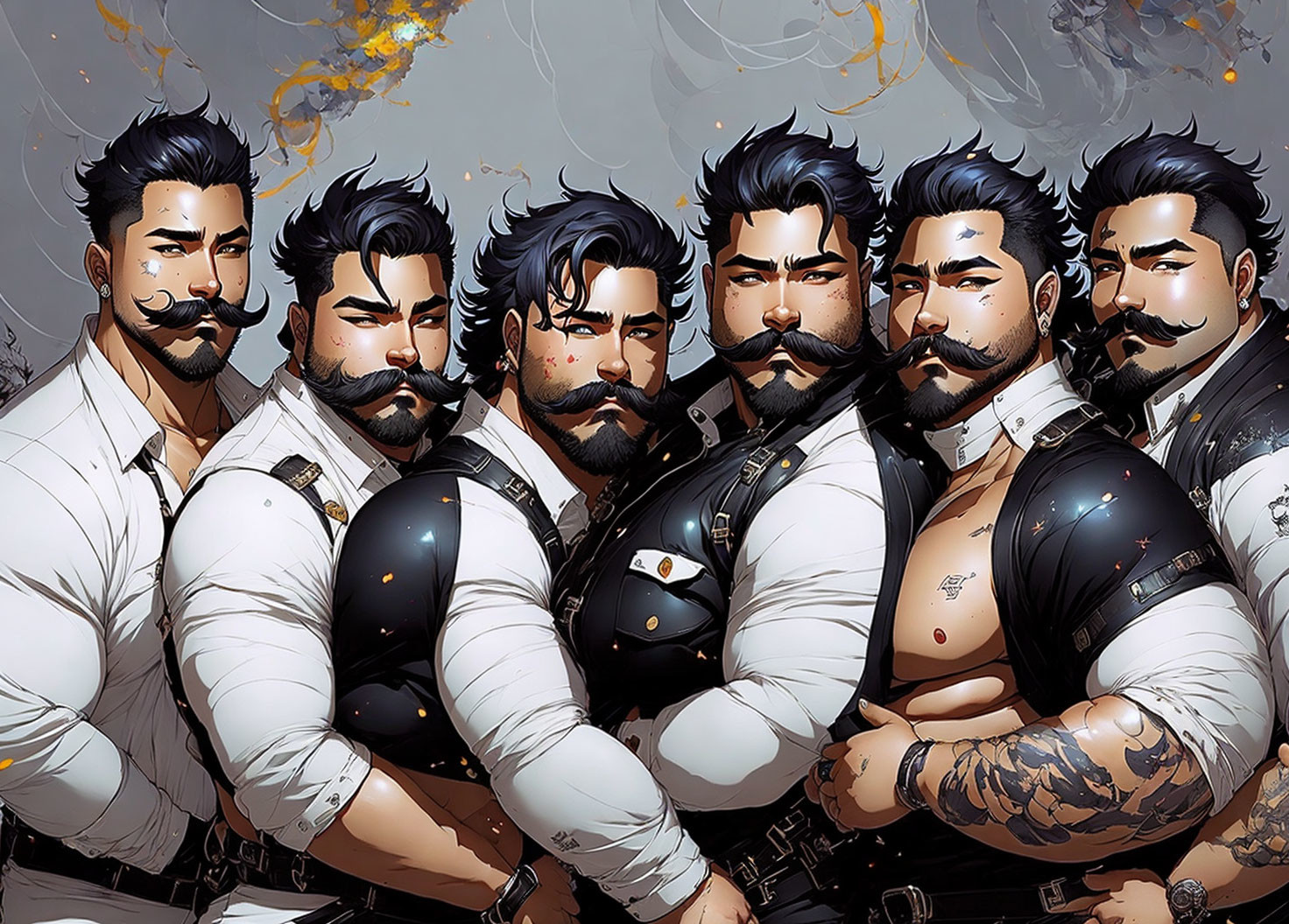 Stylized muscular men in biker-themed outfits against abstract background