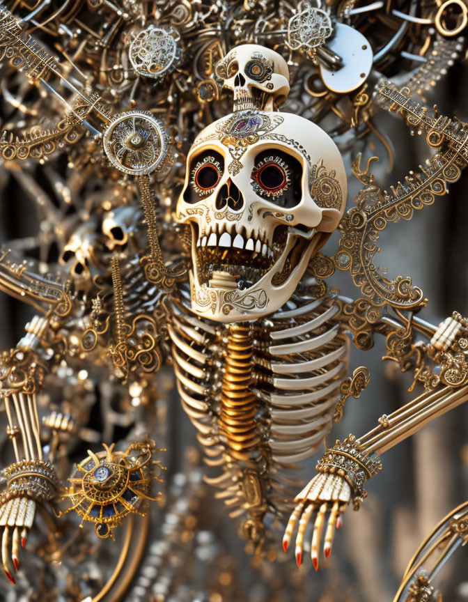 Ornate mechanical skeleton with decorated skull and intricate gears