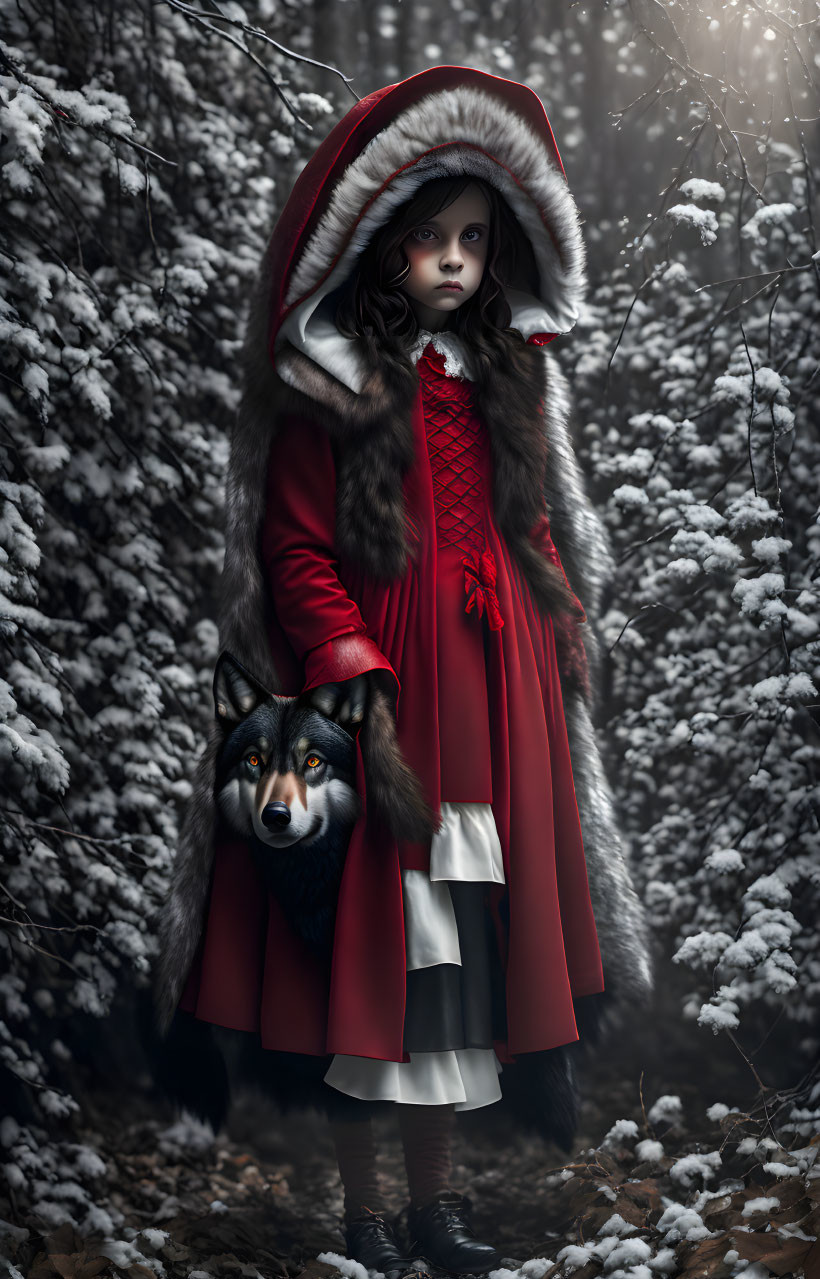 Girl in Red Hooded Cloak with Wolf in Snowy Forest