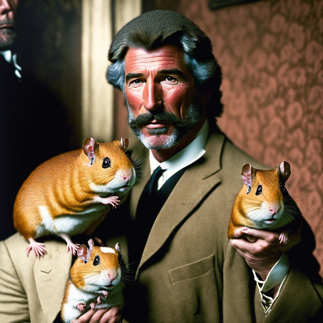 Surreal photo: man in vintage suit with guinea pig head, holding guinea pigs with