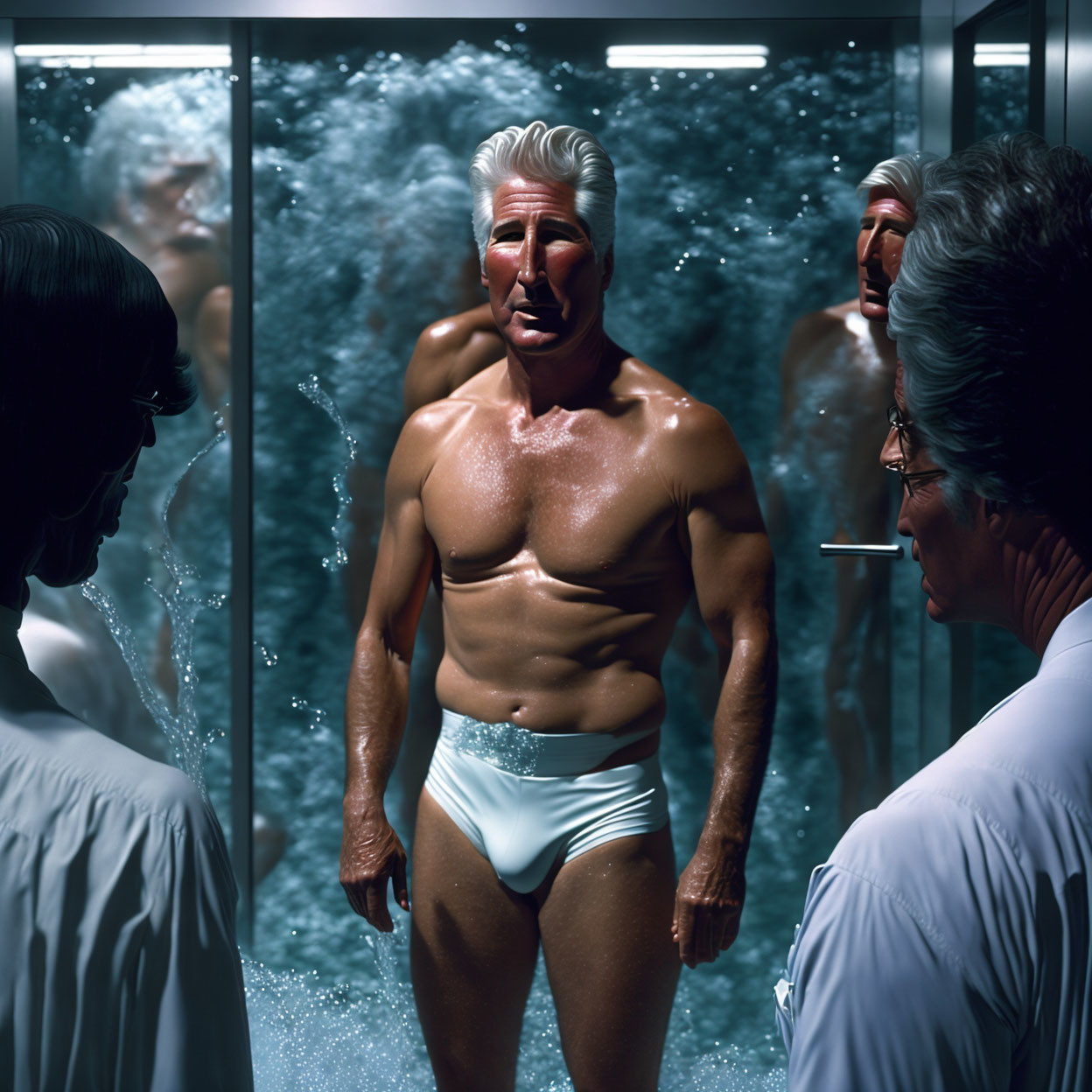 Elderly Man in White Swimsuit in Futuristic Chamber