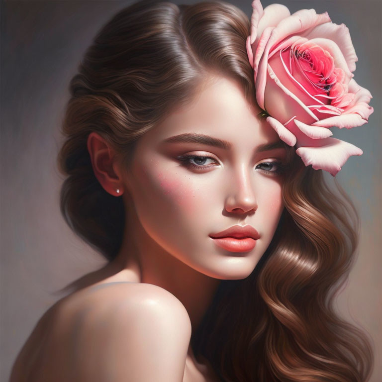 Digital portrait of young woman with pink rose in hair and glowing complexion