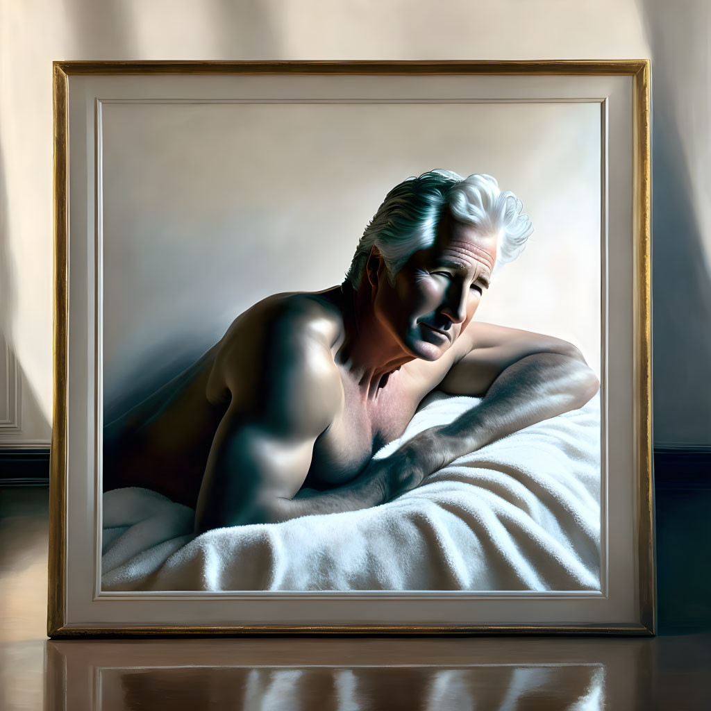 Hyperrealistic Painting of Shirtless Mature Man in Sunlit Room