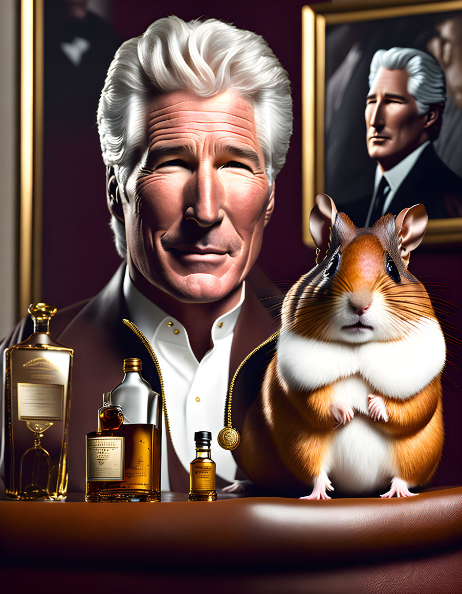 Illustration of distinguished man with gray hair and hamster, surrounded by bottles of spirits.