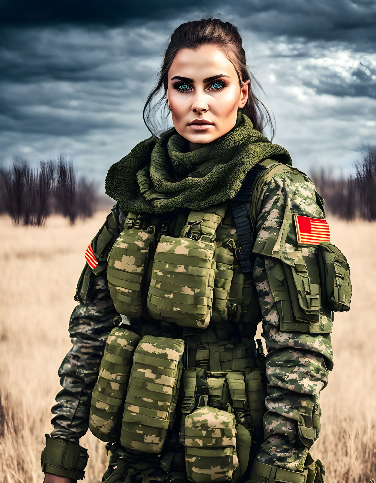 Female soldier in camouflage and green scarf in field under cloudy sky