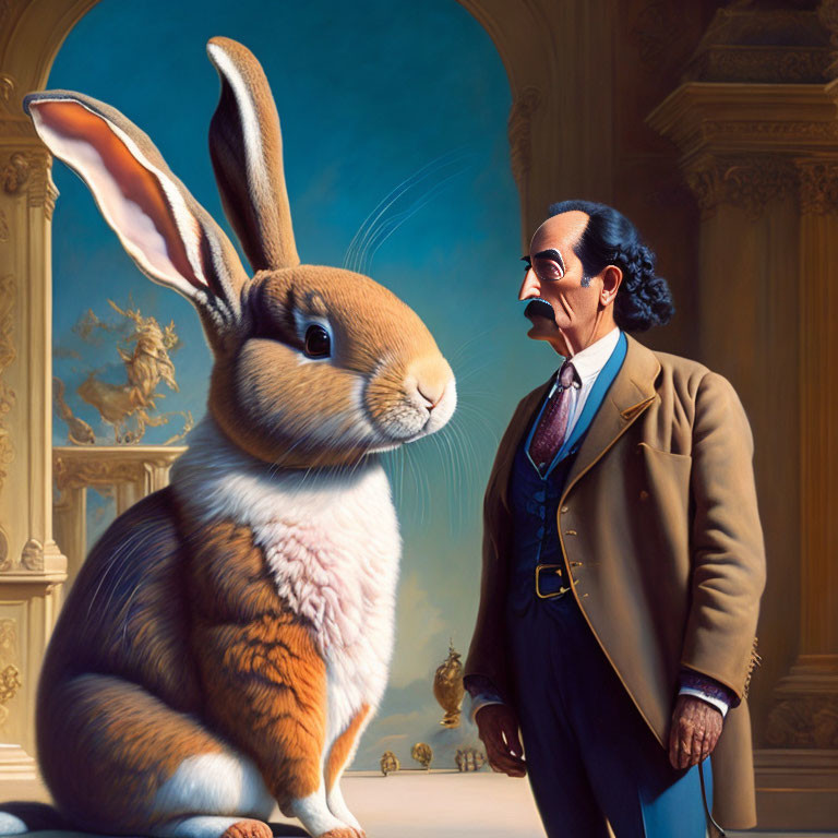 Surreal artwork: Giant rabbit with mustachioed man in classical interior