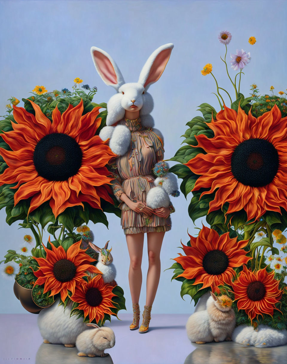 Surreal artwork featuring person with rabbit head, bunny, sunflowers, and rabbits on blue background