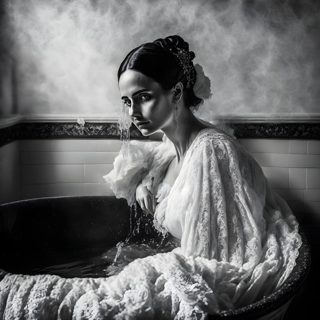 Vintage Attire Woman Pensively Sitting in Clawfoot Bathtub